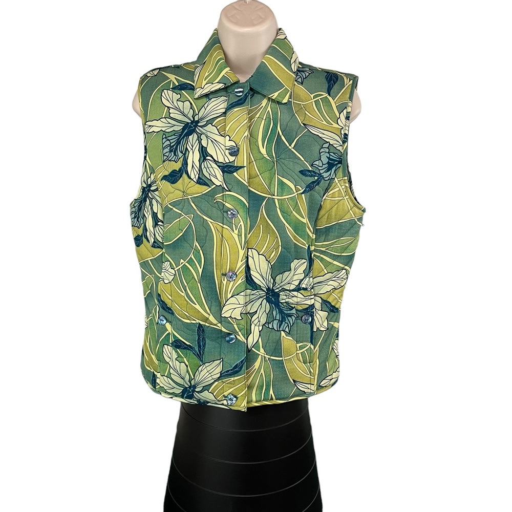 Tommy Bahama Womens Quilted Vest M Tropical Flowers Green Blue Silk (620)